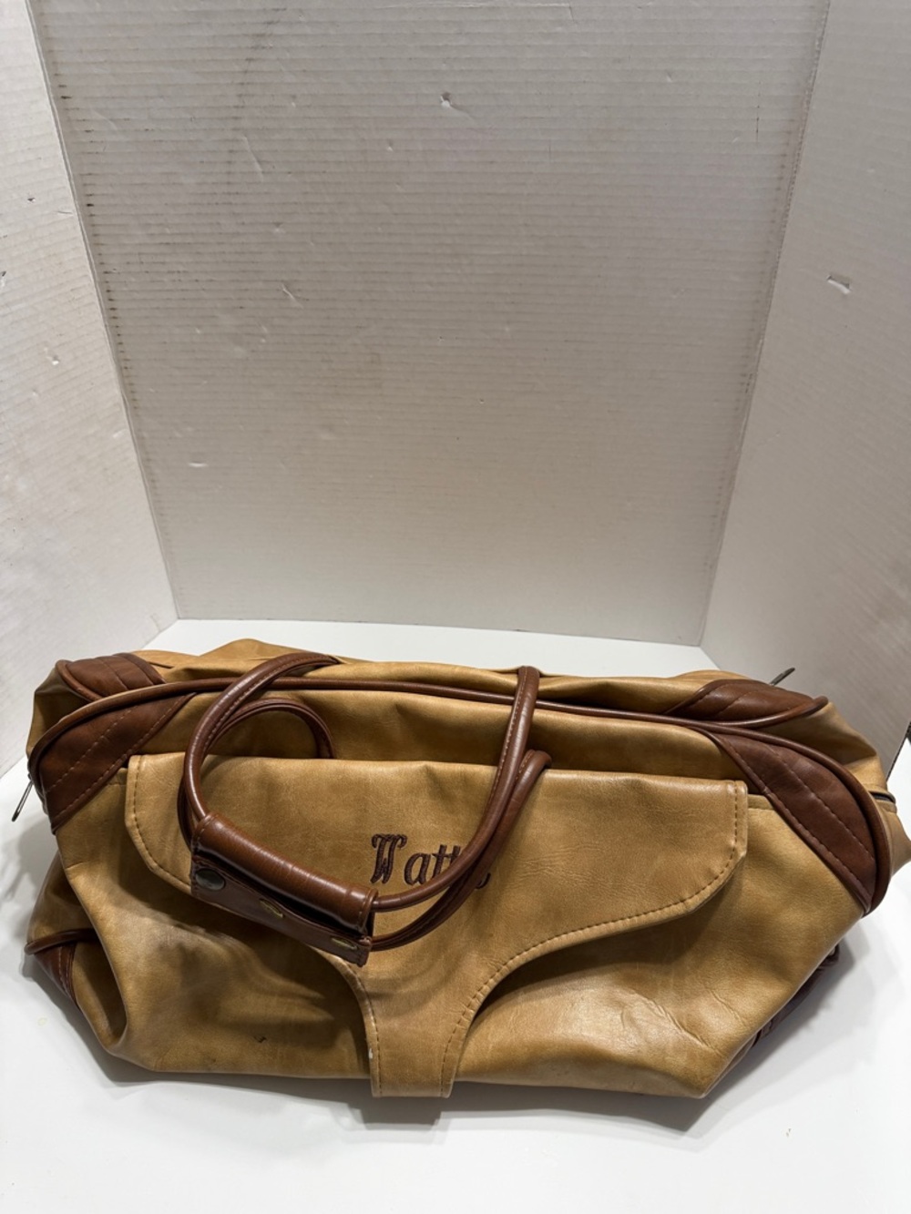 Tan Leather-Trim Duffel Bag - Classic Weekend Carry Embroidered “Watts”